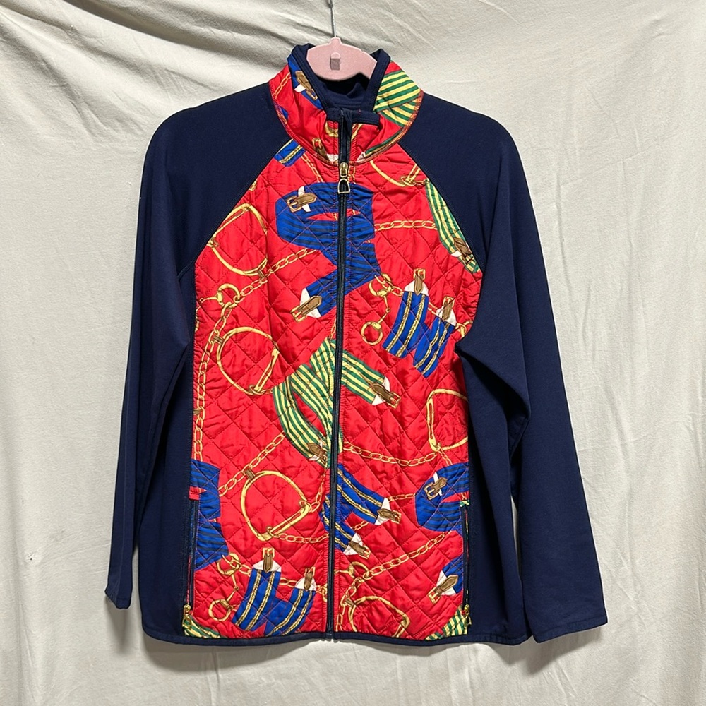 Lauren Ralph Lauren Quilted Jacket Horsebit sz 1X Horsebit Chain Print Blue Red‎